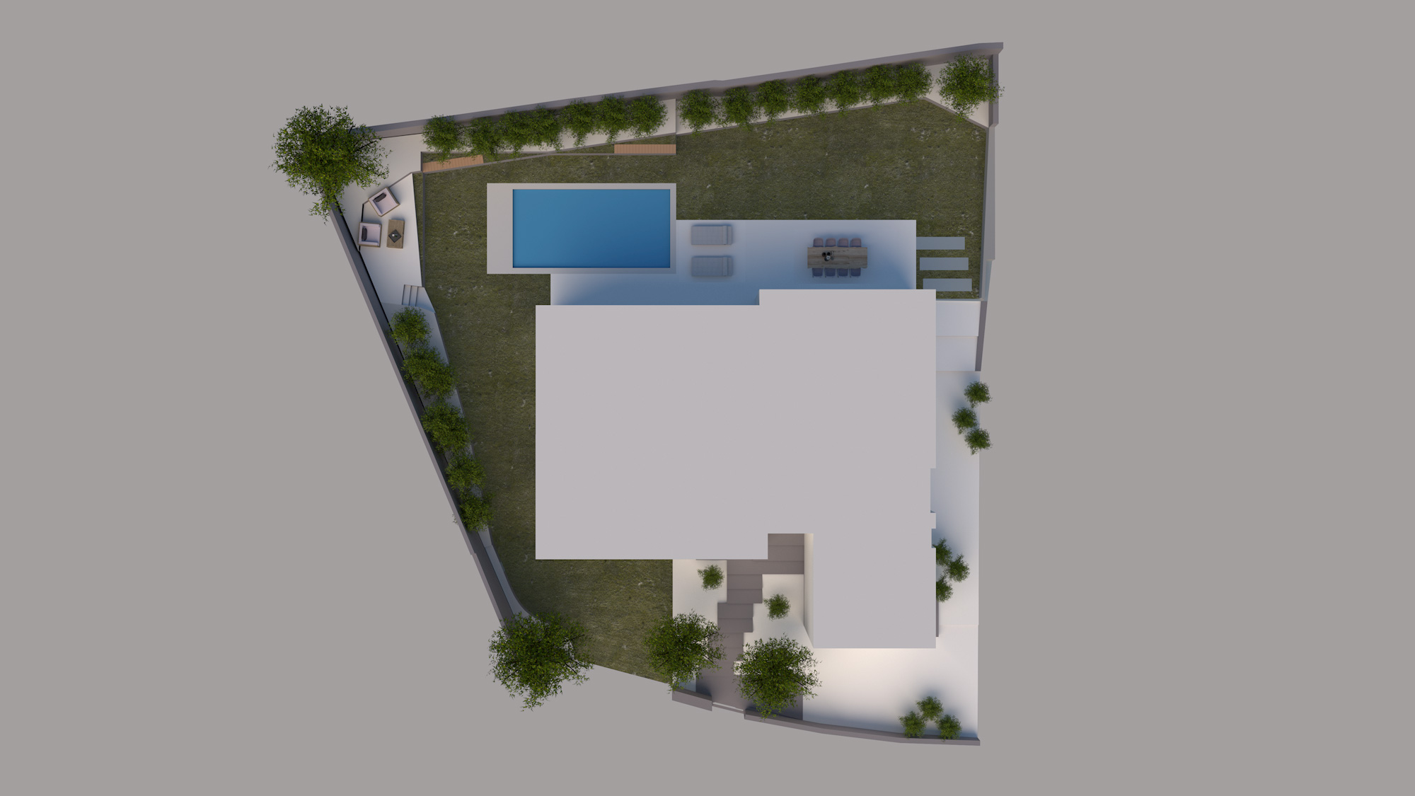 plano Vista en planta de concepto de diseño de jardín para vivienda residencial unifamiliar.